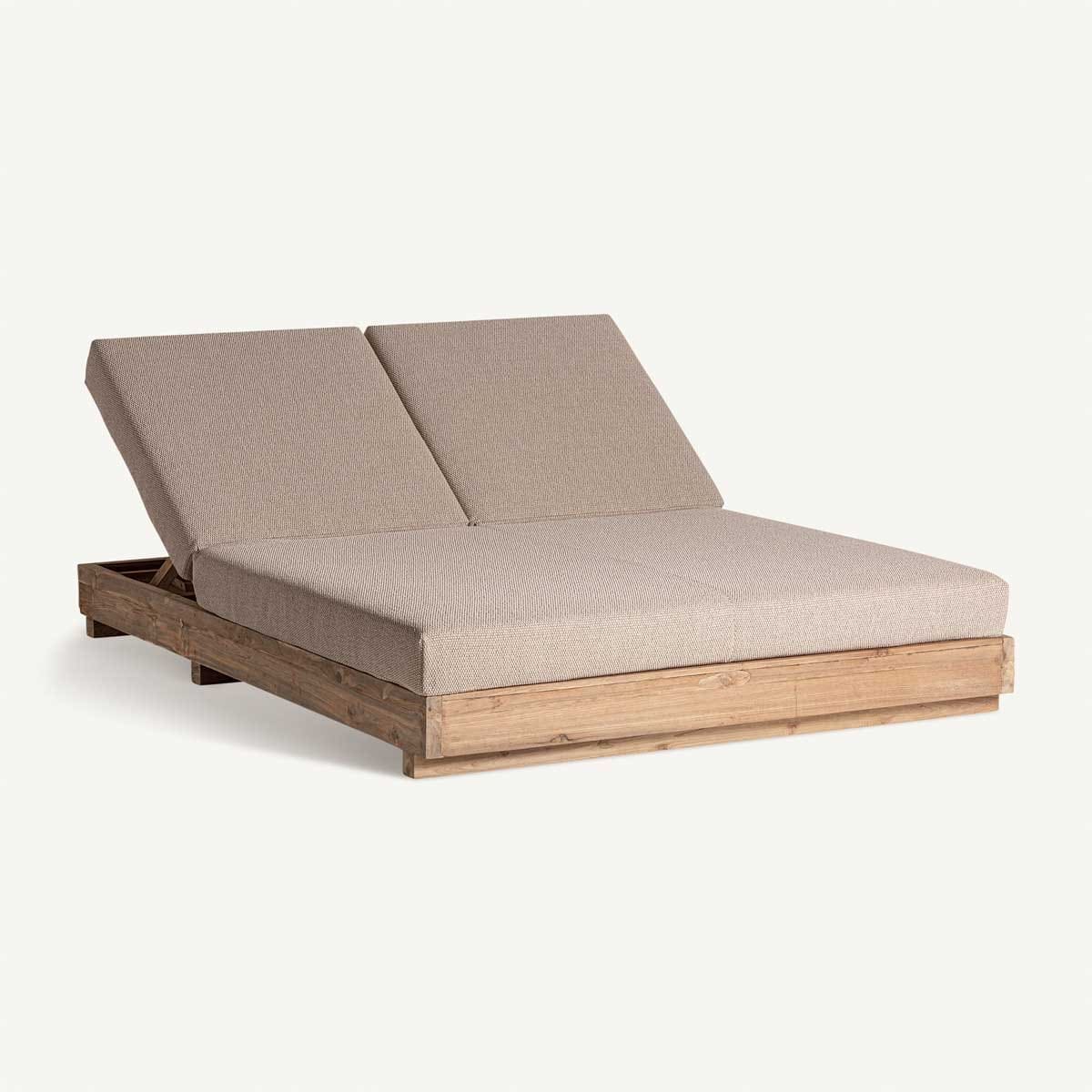 Bain de soleil double en bois et tissu beige