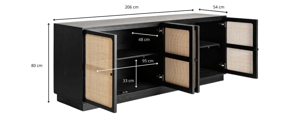 Dimensions du buffet bois noir et rotin 206 cm