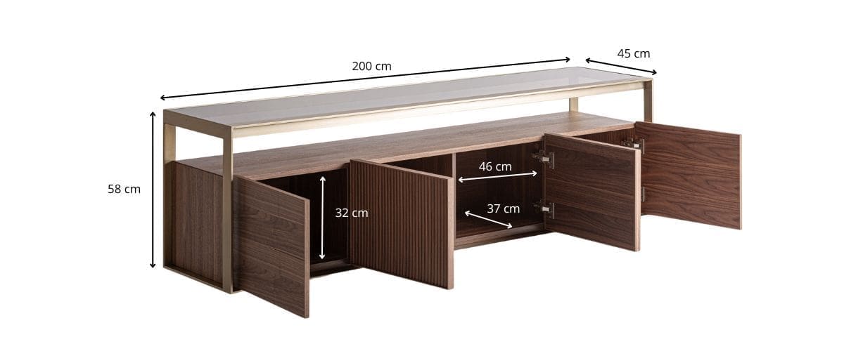 Dimensions du meuble tv de 200 cm en bois massif de frêne