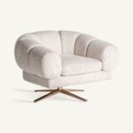 Fauteuil de salon en tissu chenille blanc cassé pieds métal doré