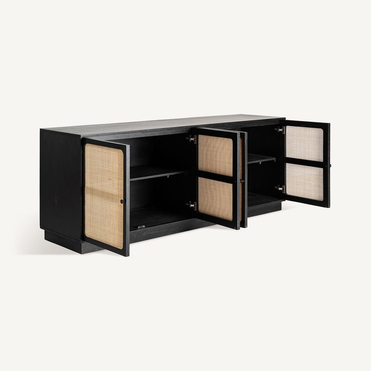 Buffet bois noir et rotin 206 cm