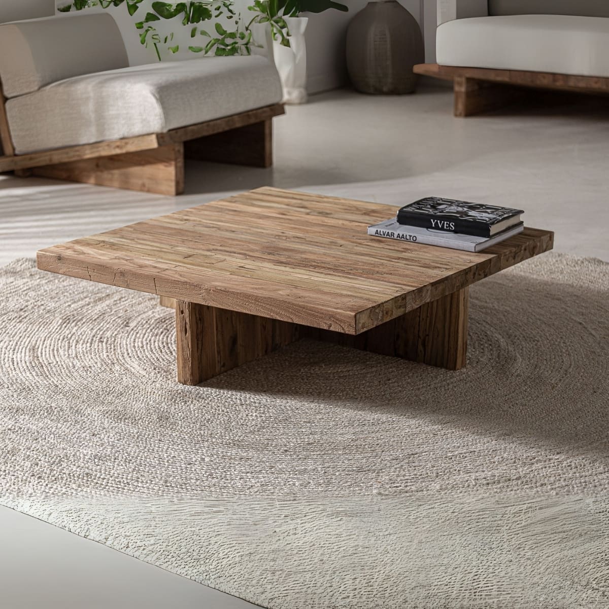 Table basse de jardin carrée en bois massif naturel