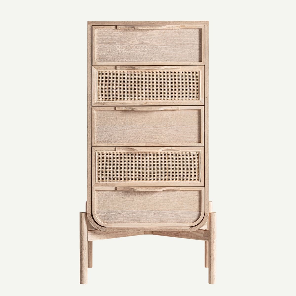 commode haute 5 tiroirs en bois massif et rotin