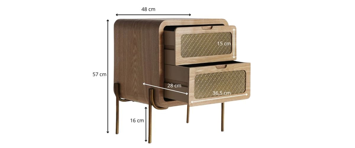dimensions chevet 2 tiroirs pin et métal doré