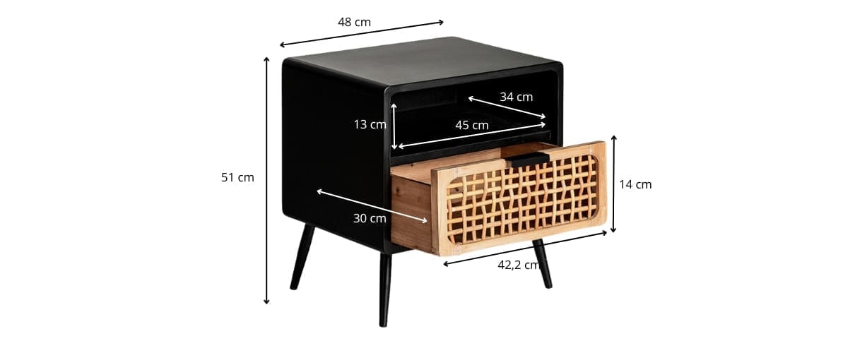 dimensions table de nuit bois et noir