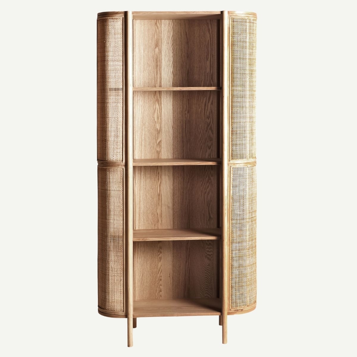 bibliothèque bois massif et rotin