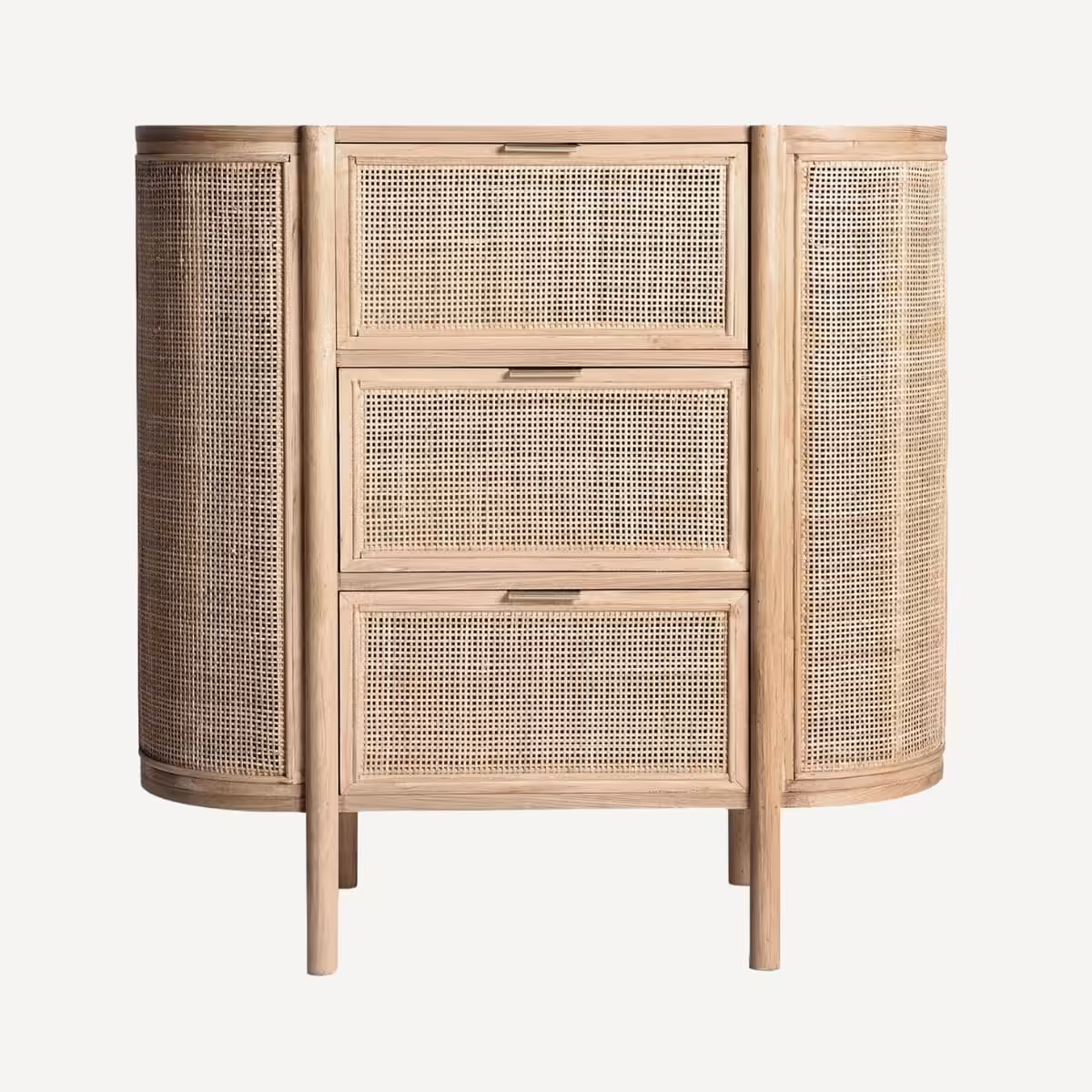 commode en bois de sapin et rotin