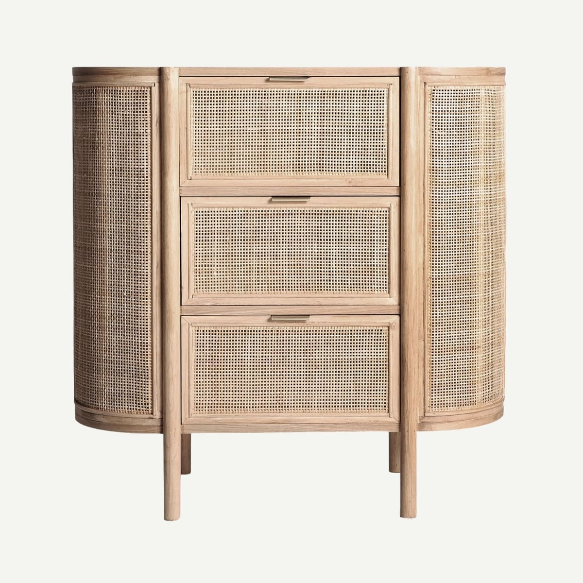 commode en bois de sapin et rotin