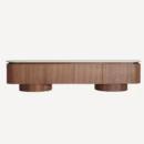 meuble télé en bois foncé et travertin