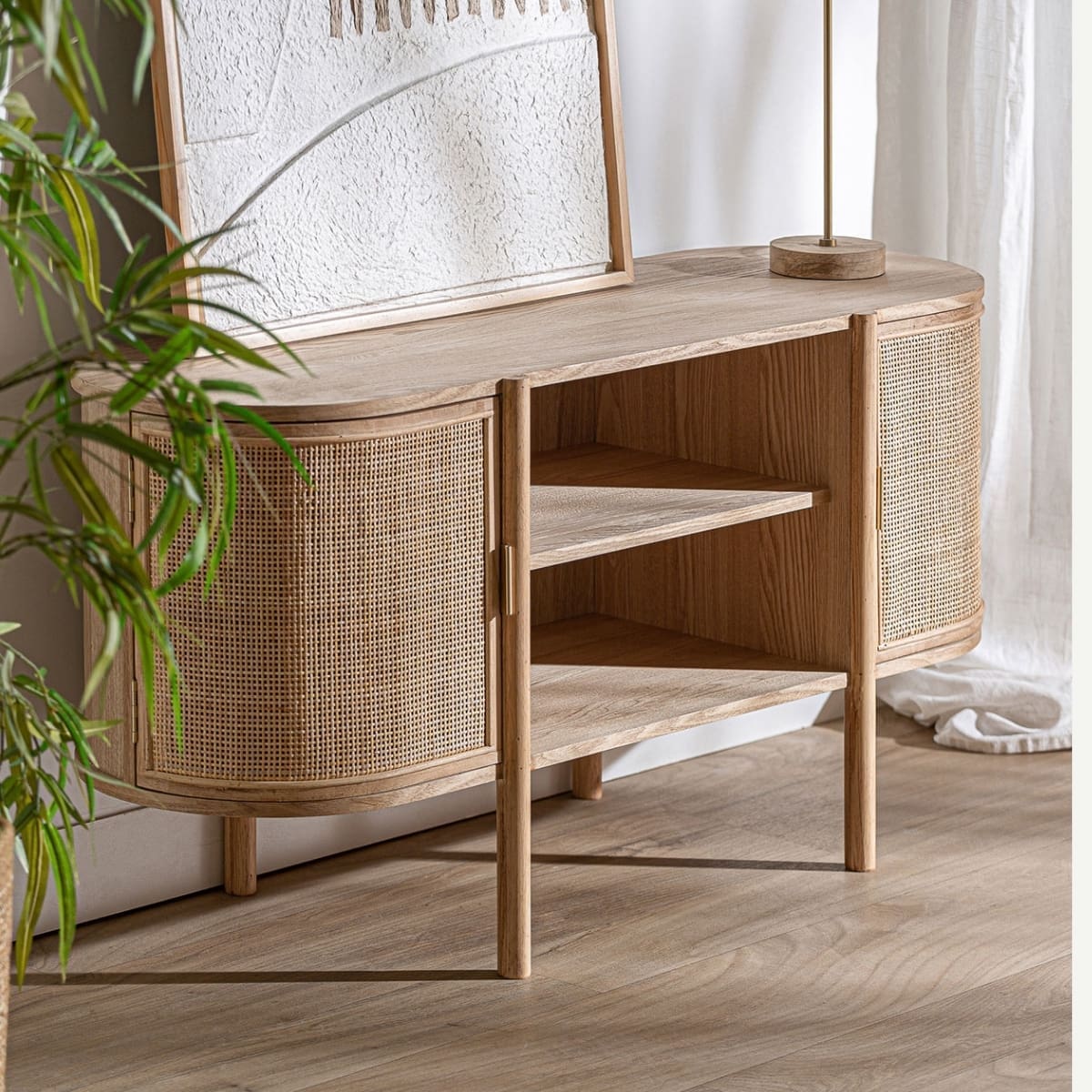 meuble tv en bois naturel et rotin