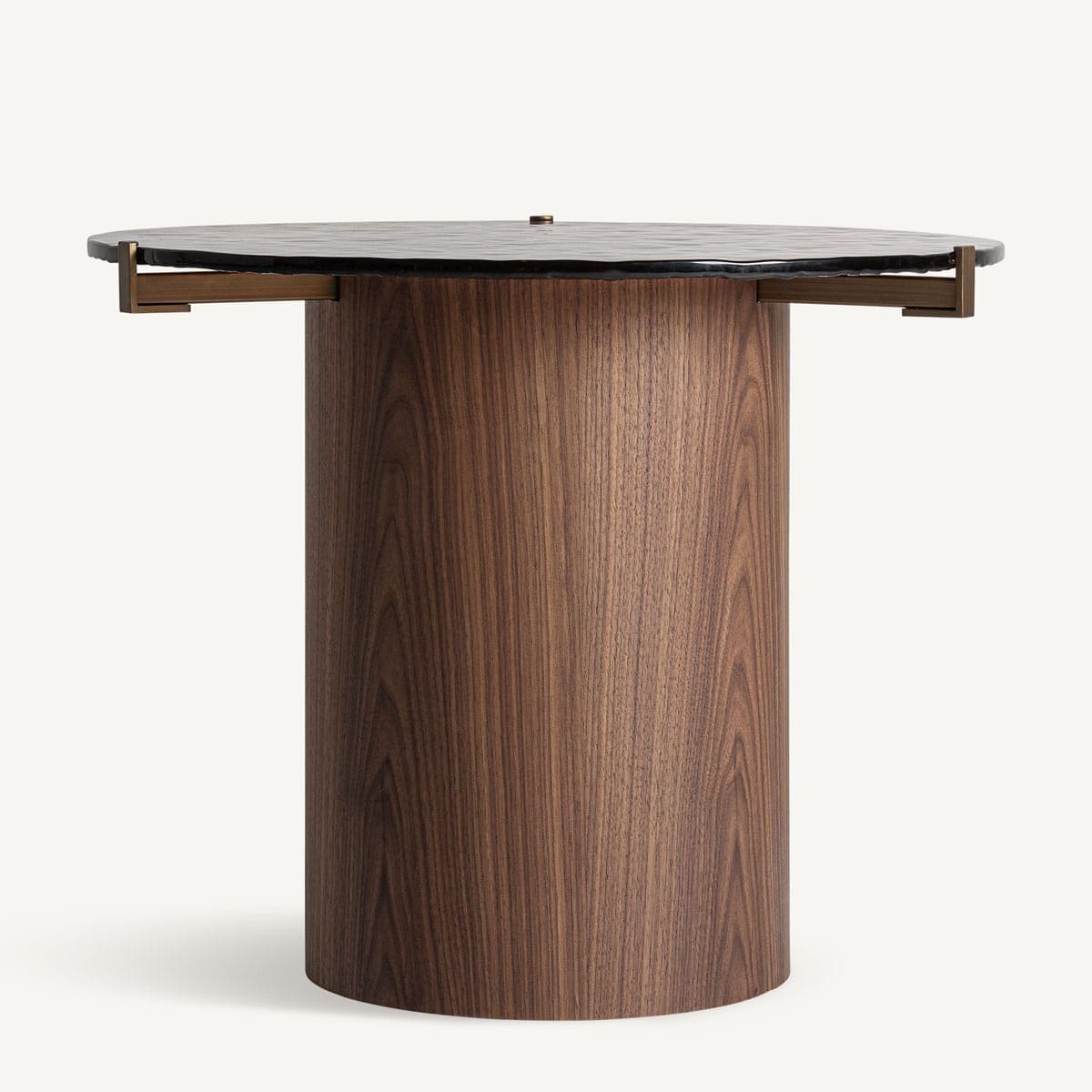 table d'appoint plateau en verre texturé rond et placage de bois