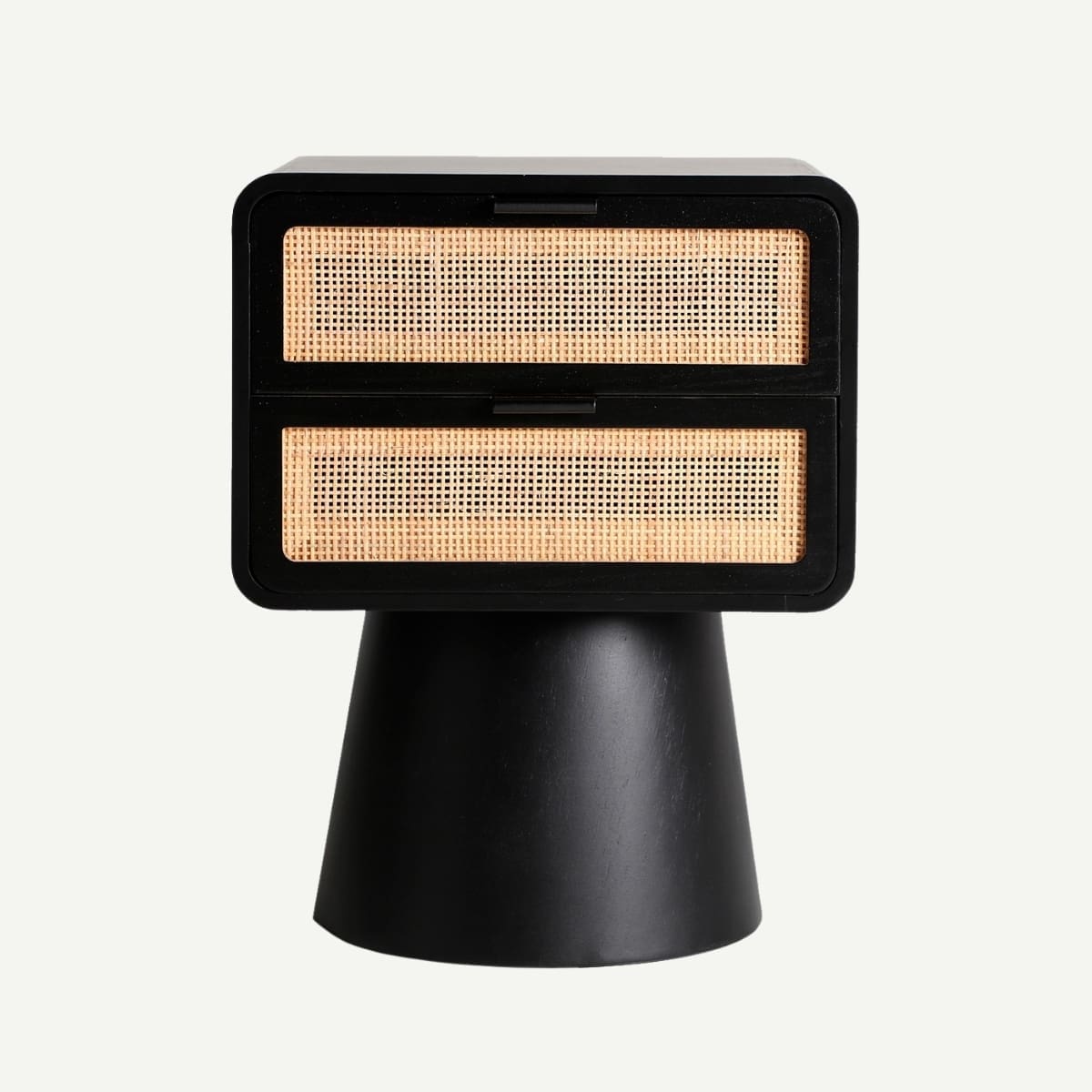 chevet 2 tiroirs noir et rotin