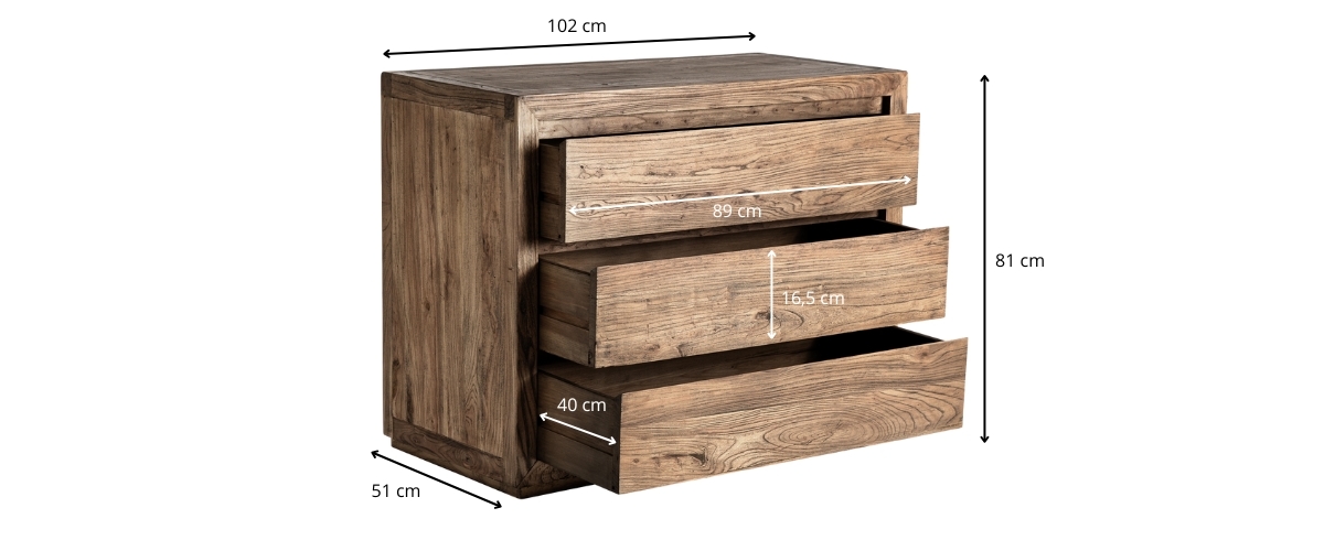 Dimensions de la commode 3 tiroirs en bois massif