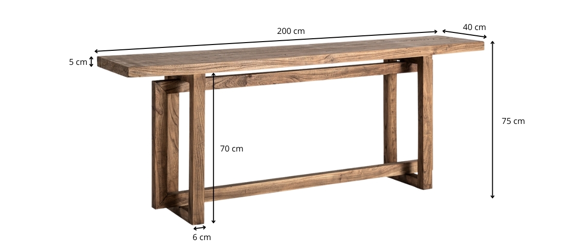 Dimensions de la console en bois massif d'orme