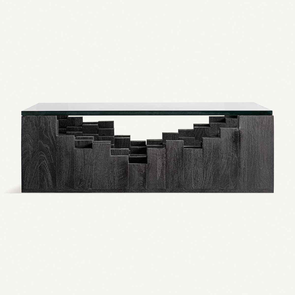 Table basse carrée sculptée en bois de manguier noir et verre transparent