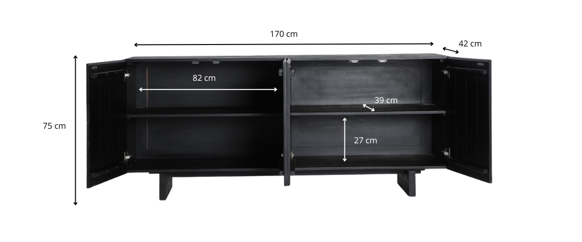 Dimensions Buffet en bois de manguier peint noir 170 cm 4 portes