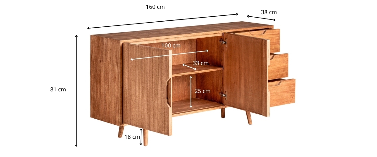 Dimensions du buffet en bois massif de 160 cm