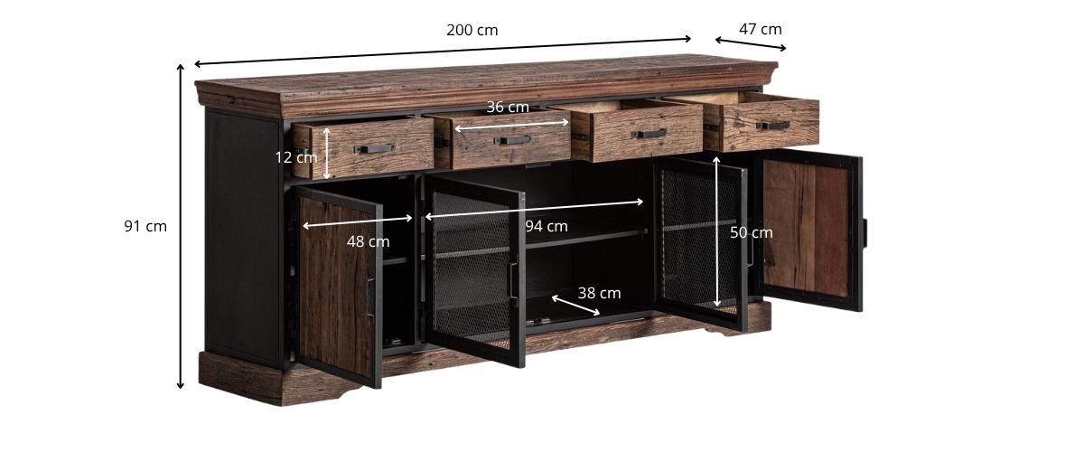 Dimensions du buffet en bois recyclé de 200 cm