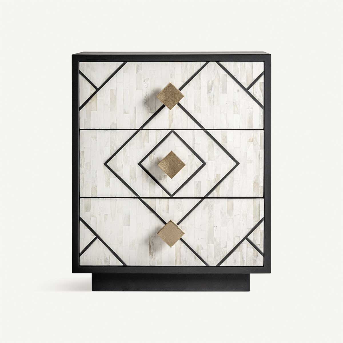 Table de chevet en bois noir et os de buffle 3 tiroirs