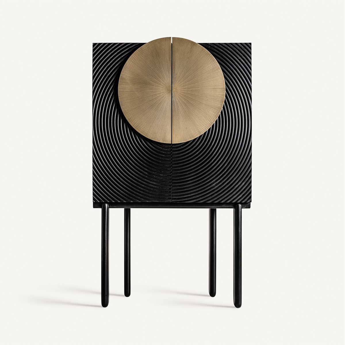 Buffet haut en bois de manguier peint noir et métal doré