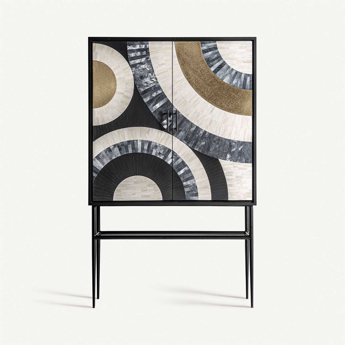 Buffet art déco 2 portes noir, métal doré et blanc ivoire