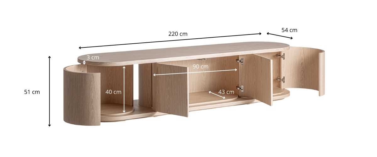 Dimensions du meuble TV 220 cm en chêne blanchi