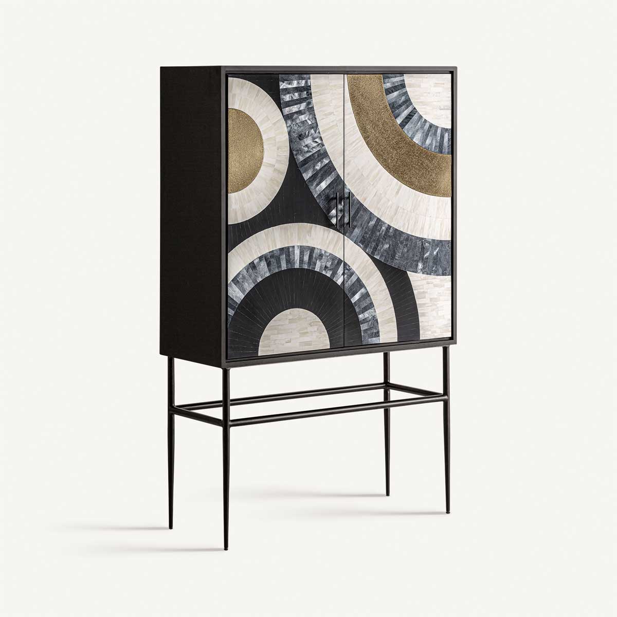 Buffet art déco 2 portes noir, métal doré et blanc ivoire