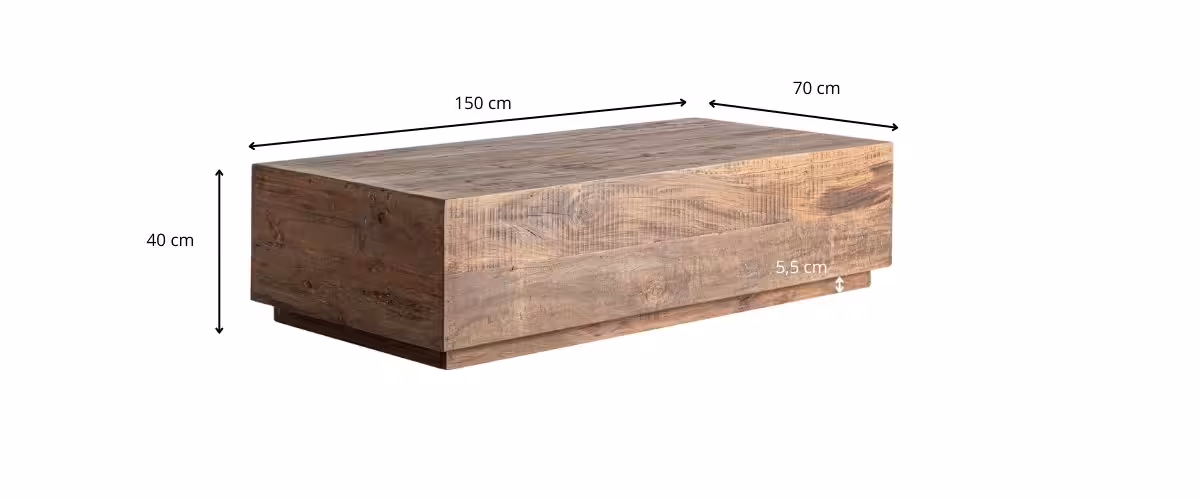Dimensions de la table basse rectangulaire en bois recyclé