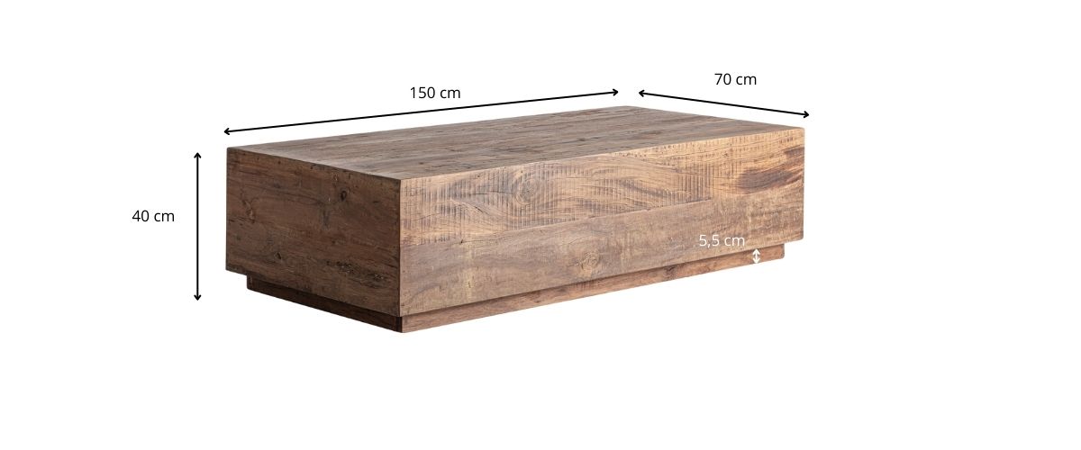 Dimensions de la table basse rectangulaire en bois recyclé