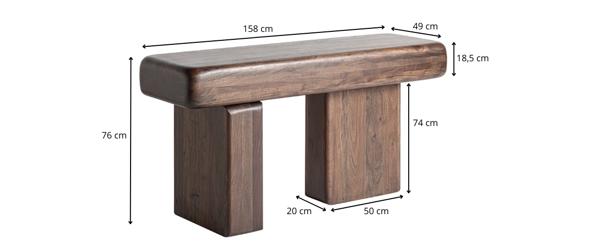 dimensions console design en acacia marron