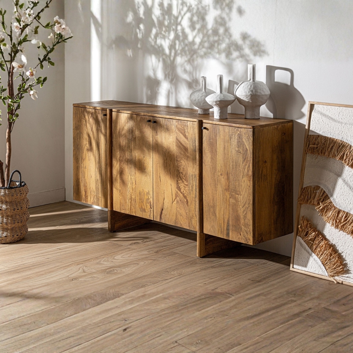 Buffet 4 portes 170 cm en bois de manguier massif naturel