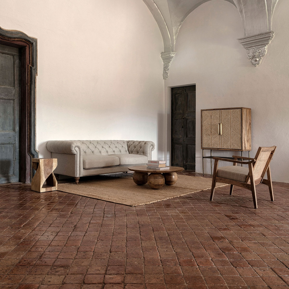 Canapé Chesterfield 3 places lin gris 215cm JOHN – Image 7