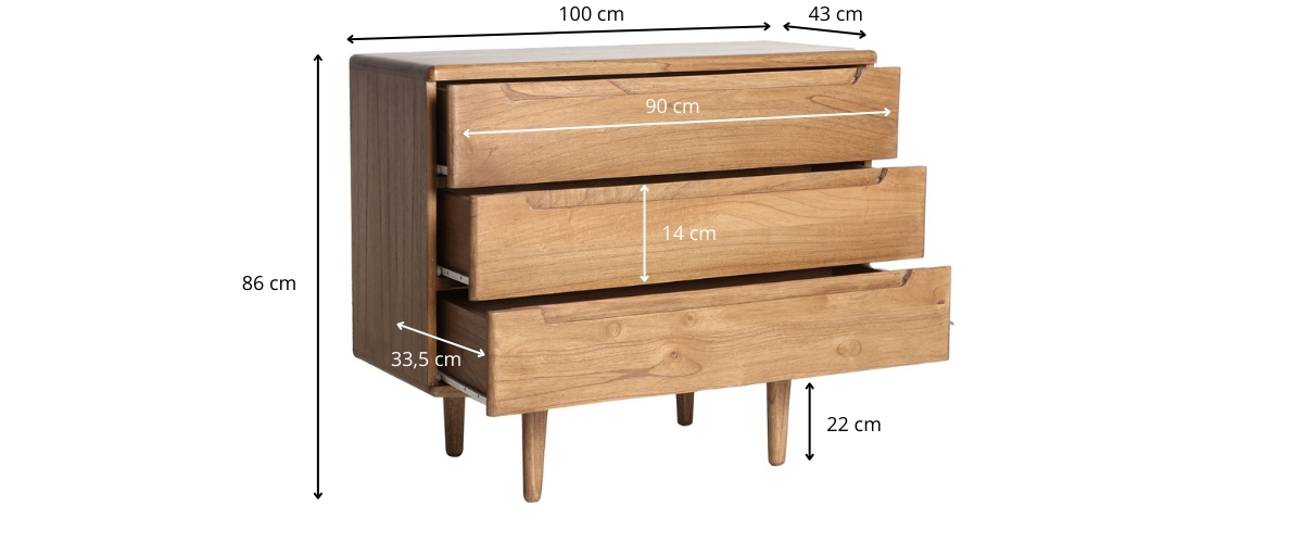 Dimensions de la commode de chambre 3 tiroirs