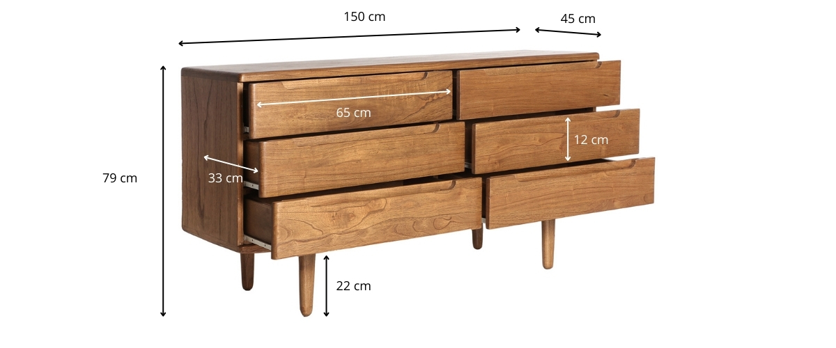 Dimensions de la commode 6 tiroirs en bois 150 cm