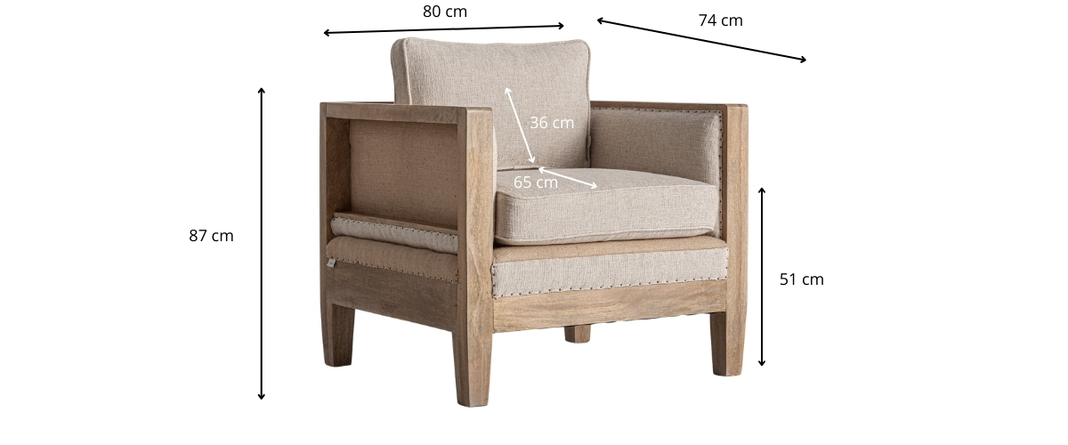 Dimensions du fauteuil de salon en jute et lin beige