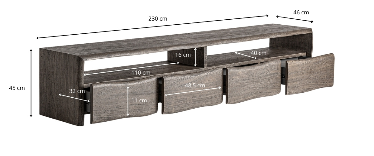 Dimensions du meuble tv en bois d'acacia marron grisé