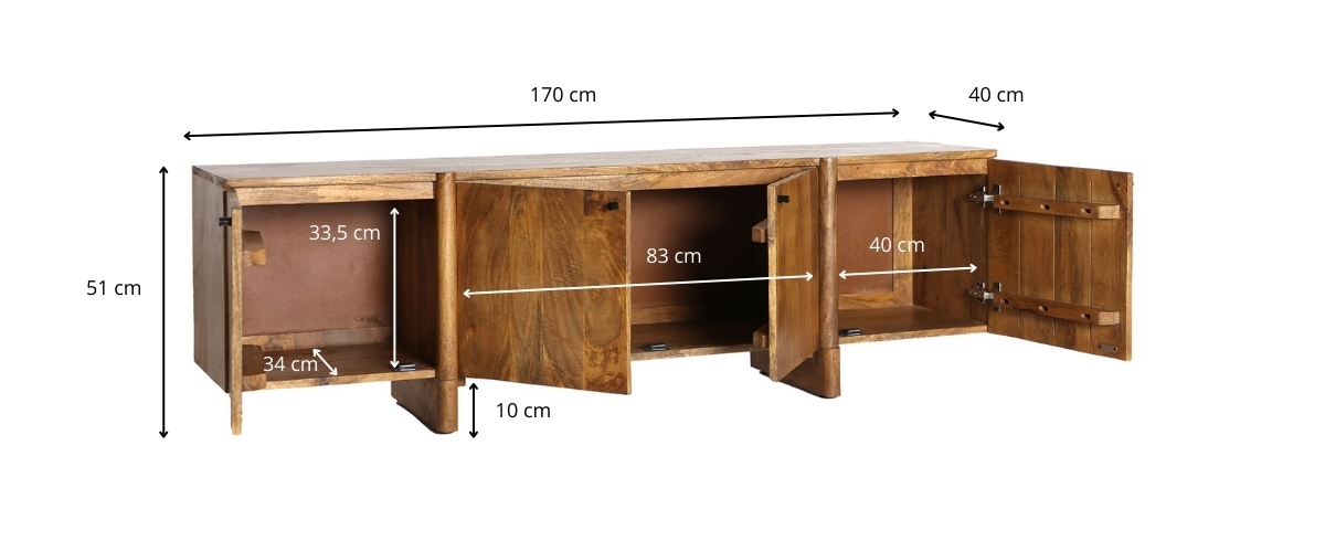 Dimensions du meuble TV 4 portes en bois massif
