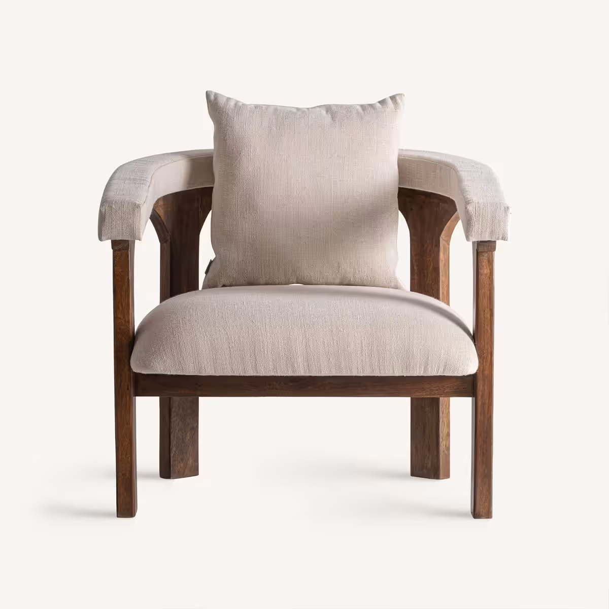 Fauteuil confort en tissu beige et bois de manguier naturel