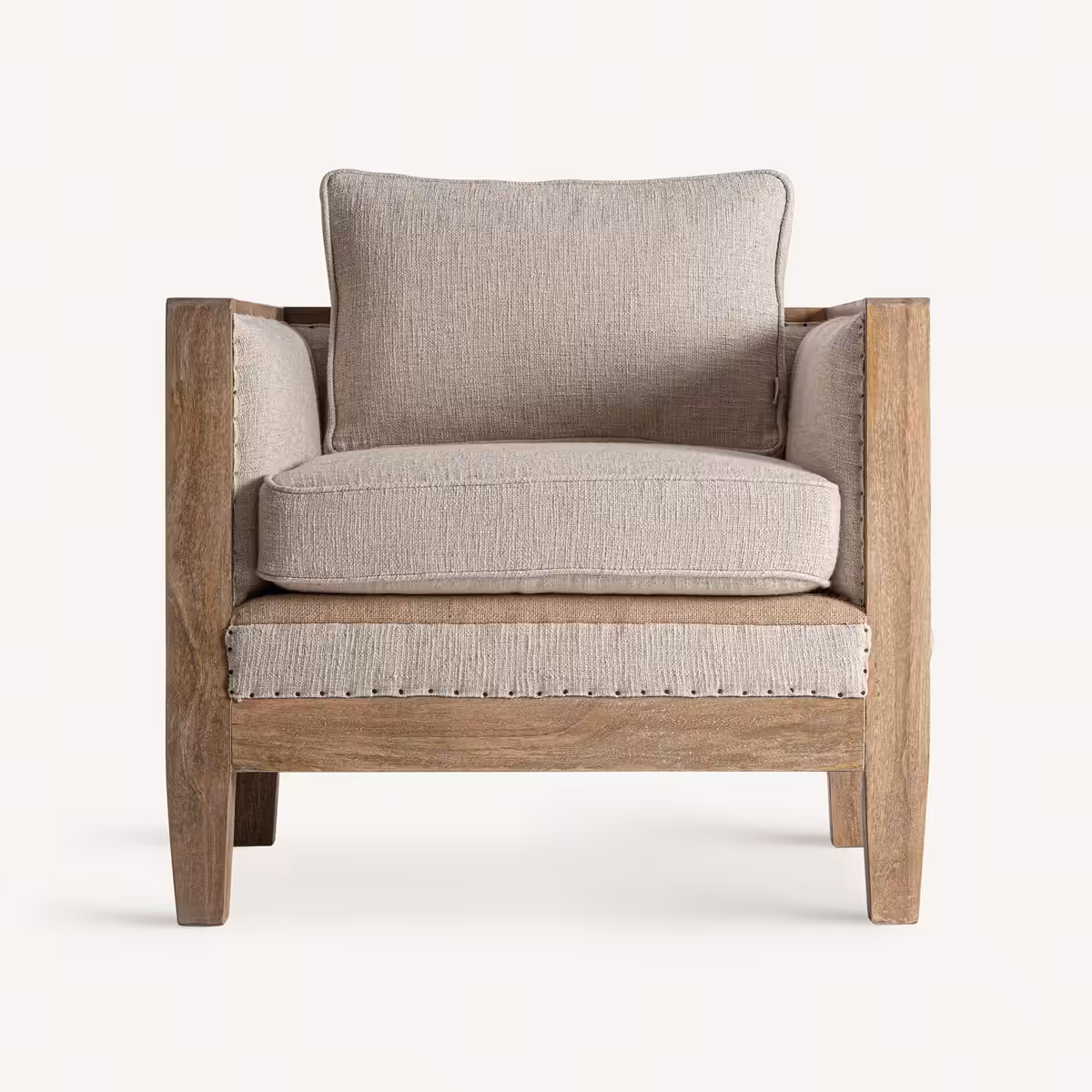 Fauteuil de salon en jute et lin beige structure en bois de bouleau