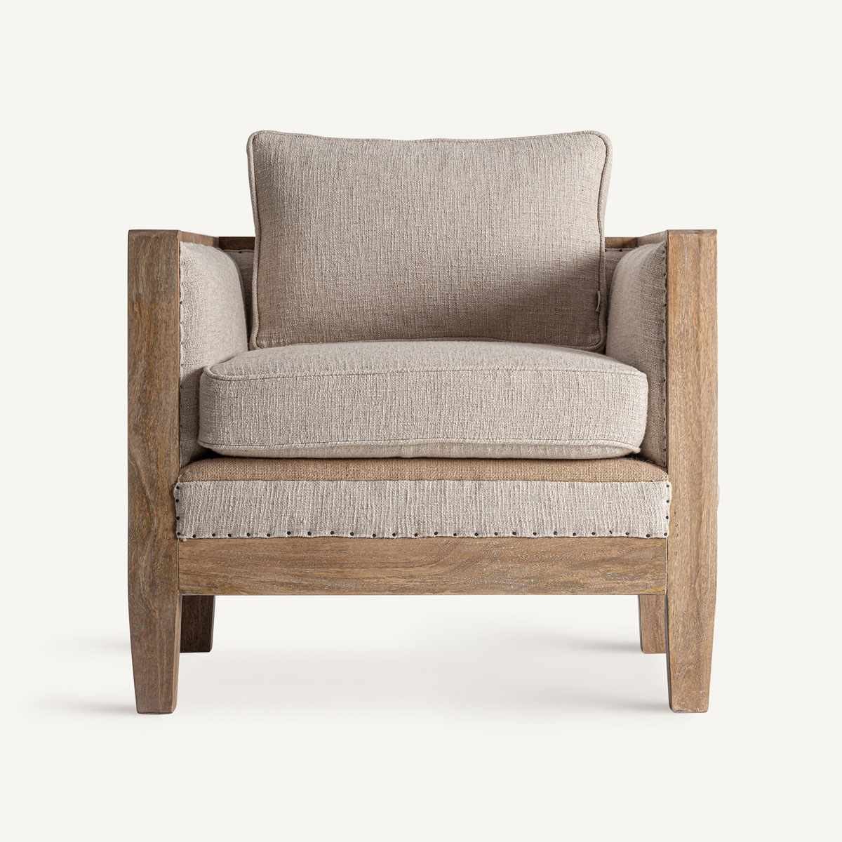 Fauteuil de salon en jute et lin beige structure en bois de bouleau