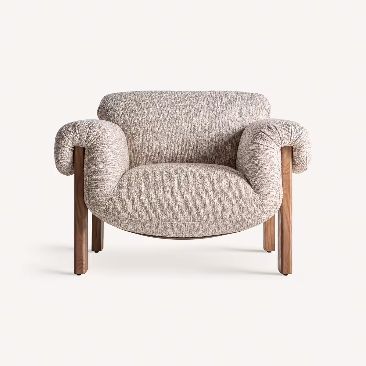 Fauteuil design confortable en tissu bouclé et bois massif