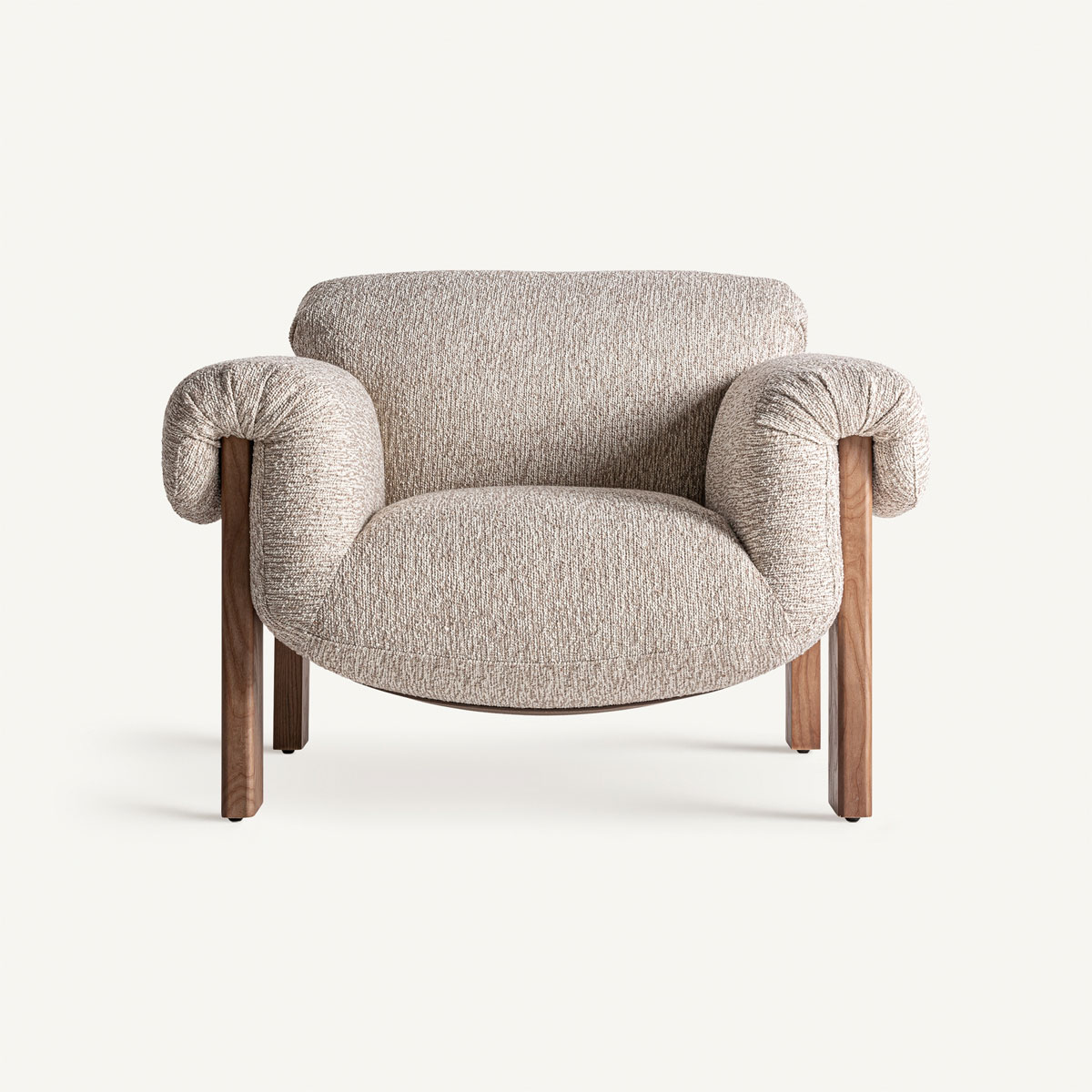 Fauteuil design confortable en tissu bouclé et bois massif
