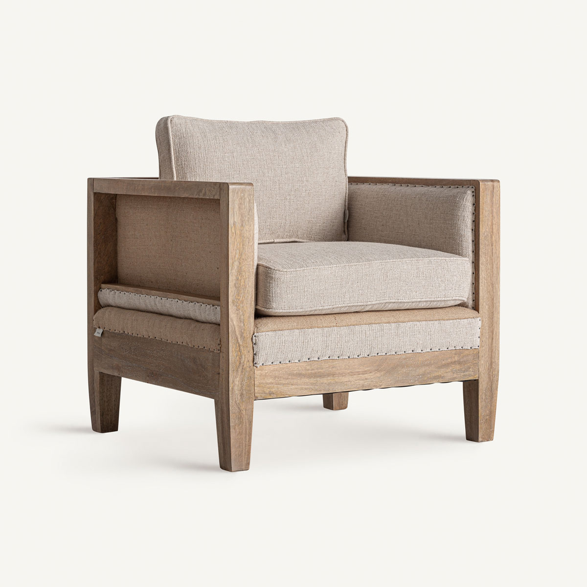 Fauteuil de salon en jute et lin beige structure en bois de bouleau