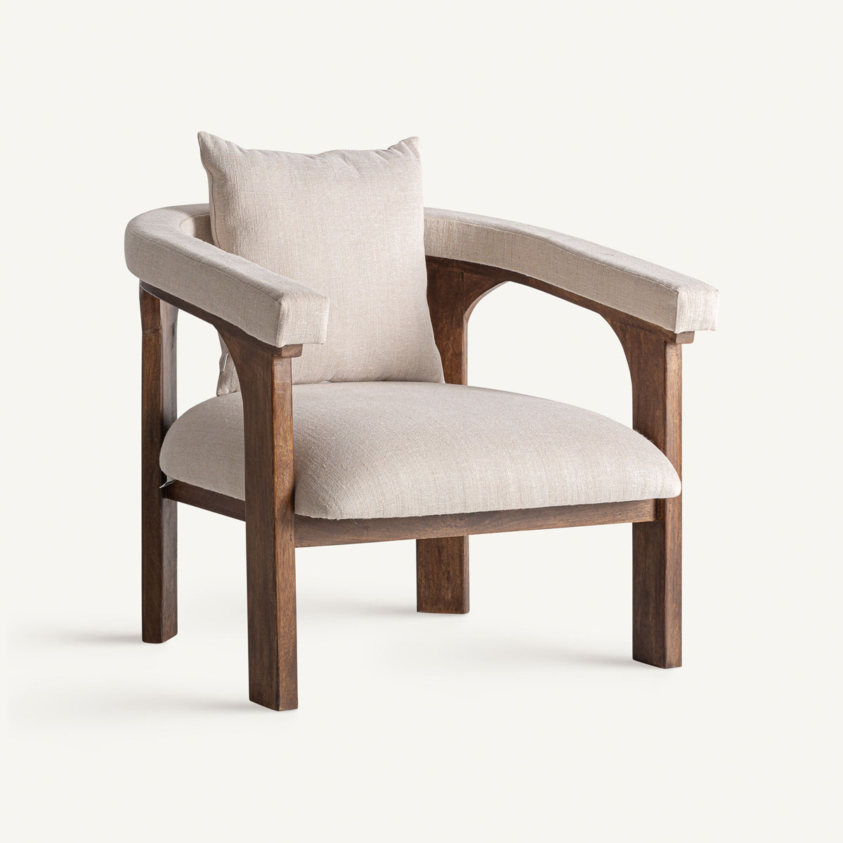 Fauteuil confort en tissu beige et bois de manguier naturel