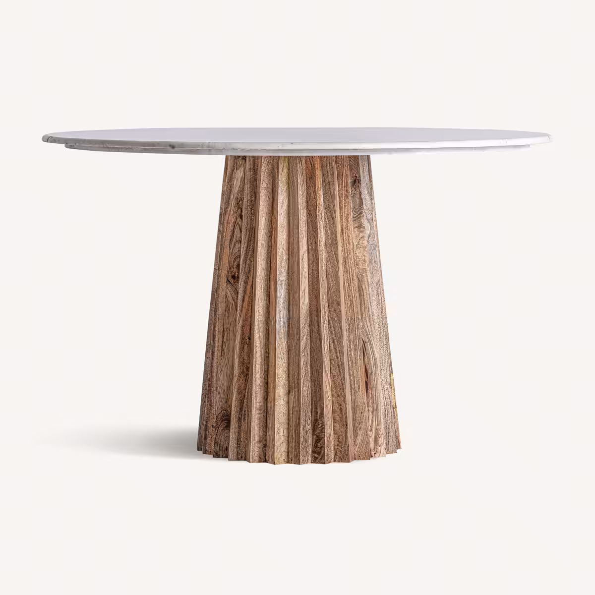 Table ronde marbre blanc 120 cm et bois de manguier strié