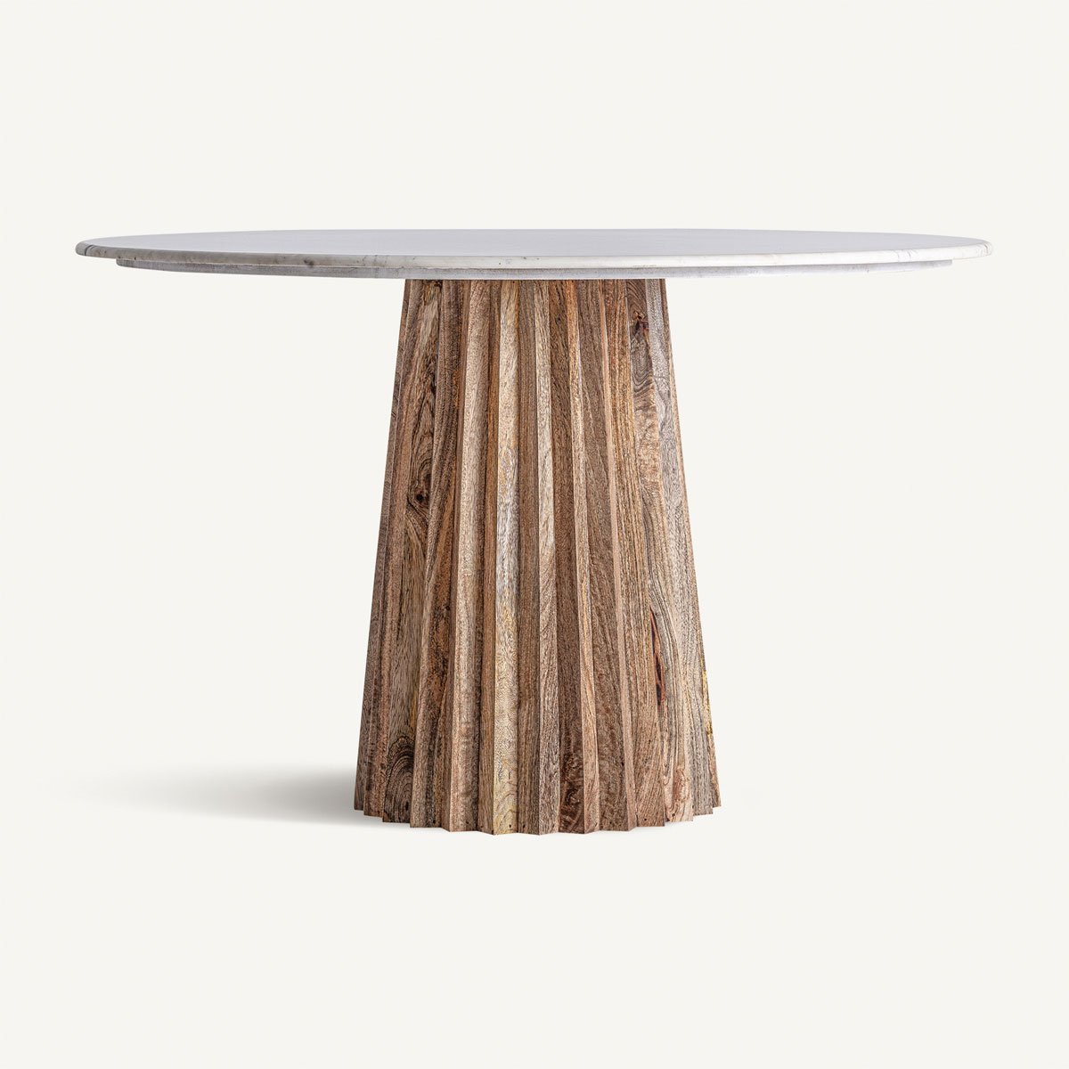 Table ronde marbre blanc 120 cm et bois de manguier strié