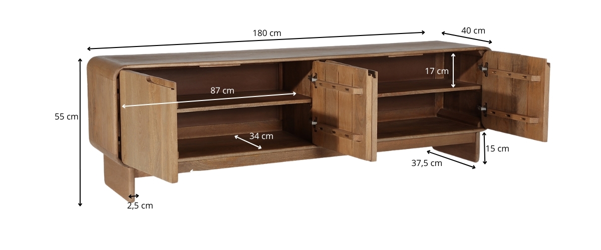 dimensions détaillées meuble tv en bois de manguier