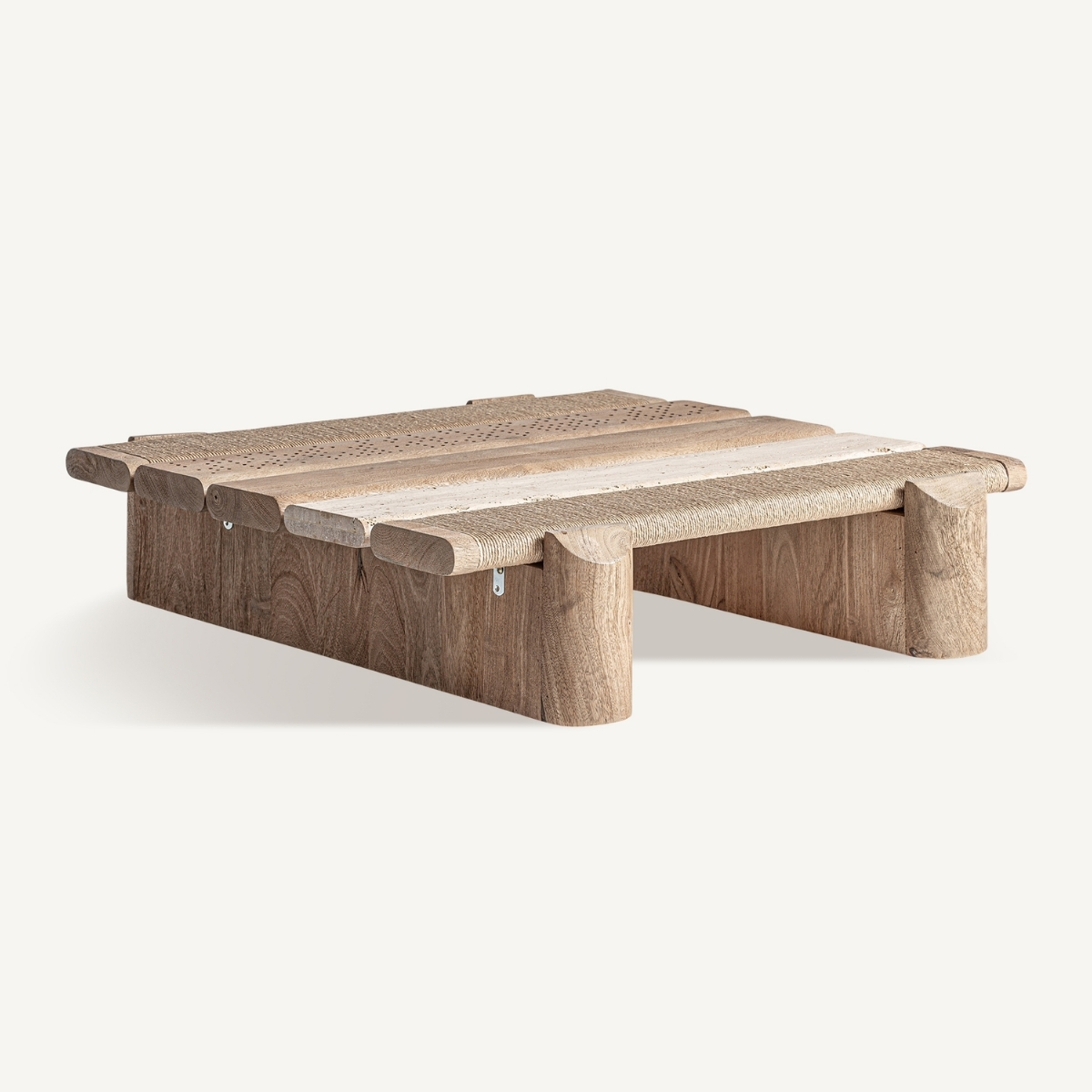 table basse originale haut de gamme en bois et travertin