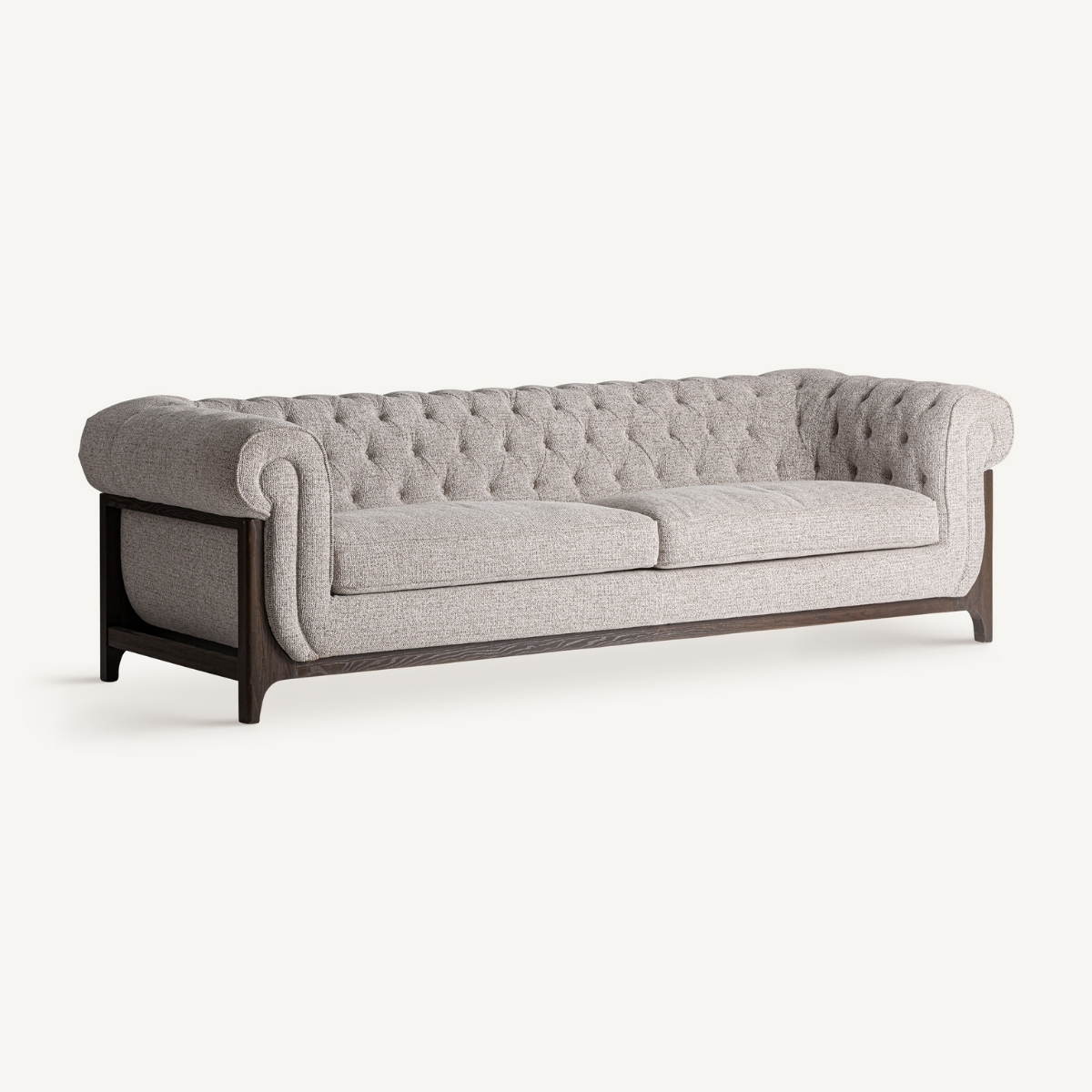 Canapé chesterfield 4 places en tissu gris et bois de frêne marron