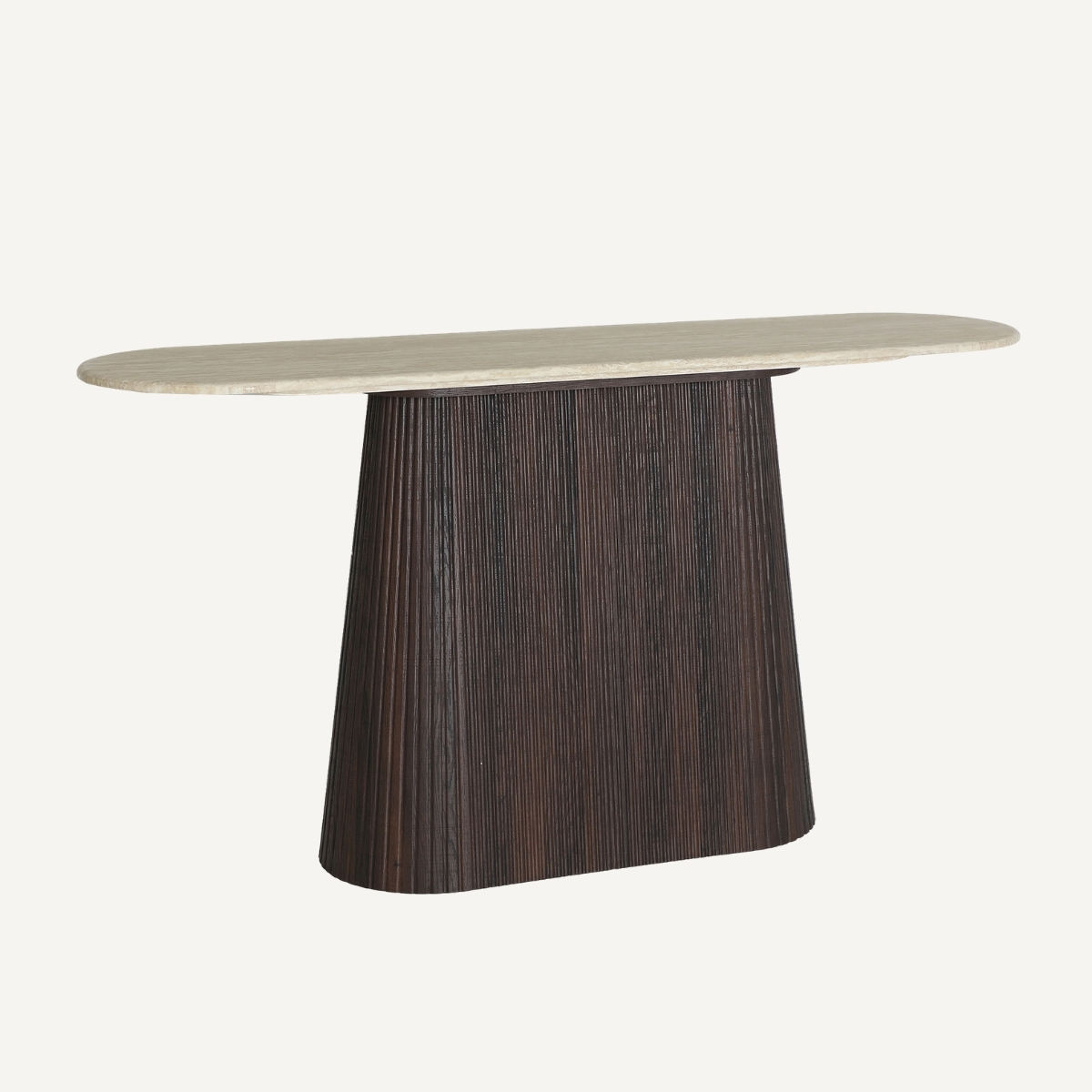 Console travertin beige et pied bois strié